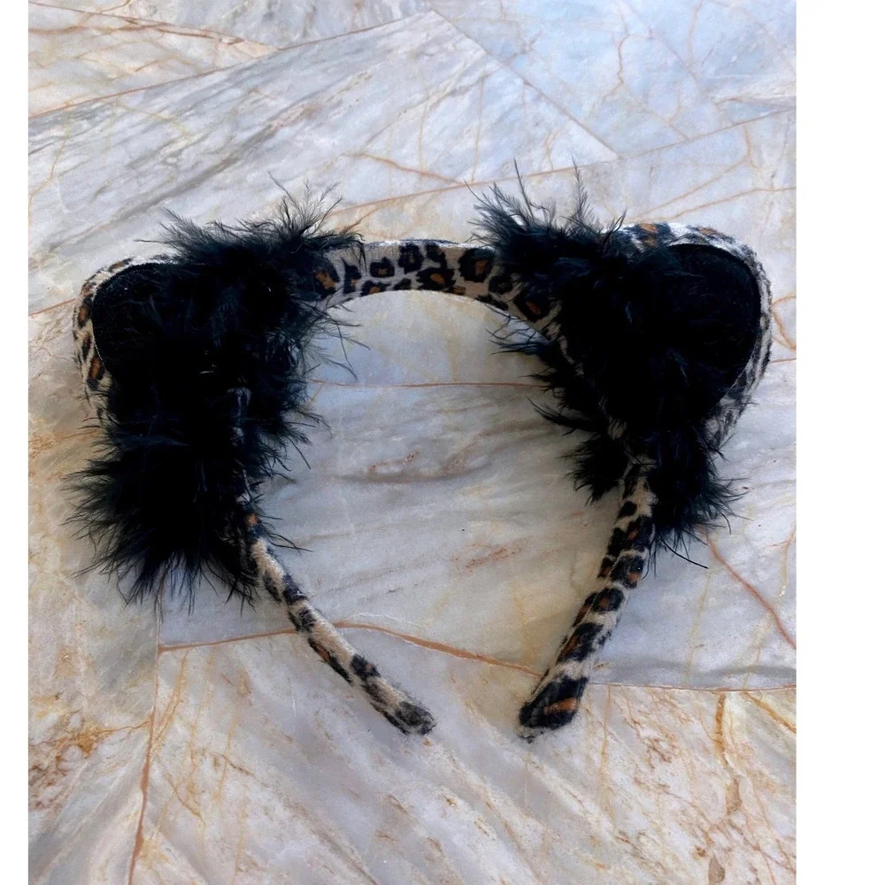Leopard Print Cat Ear Headband with Black Marabou Feather Trim Costume Accessory